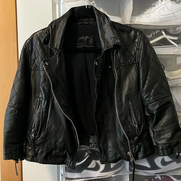 ALL SAINTS | Cropped Leather Biker Jacket Size 12 - Picture 1 of 4